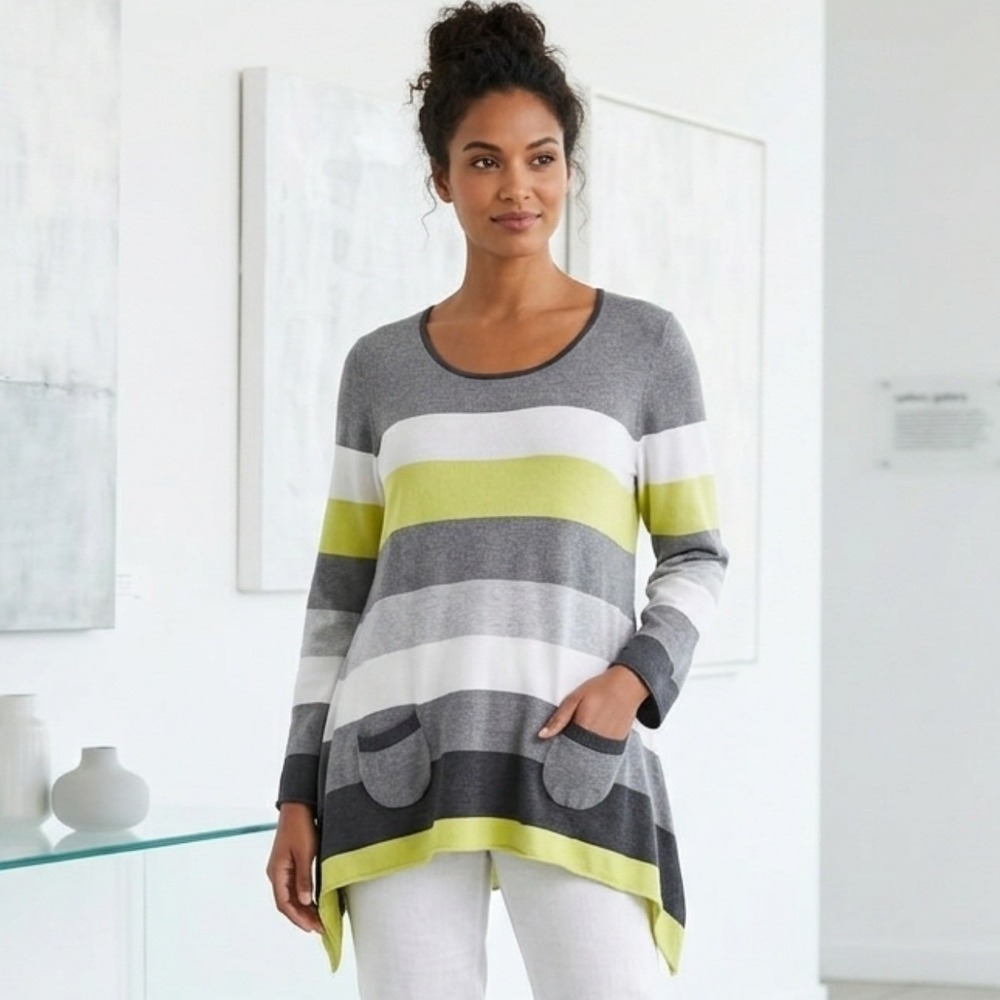 Style&Co‎ Striped Sharkbite Hem Sweater L Grey Yellow Scoop Neck Long Sleeve Top